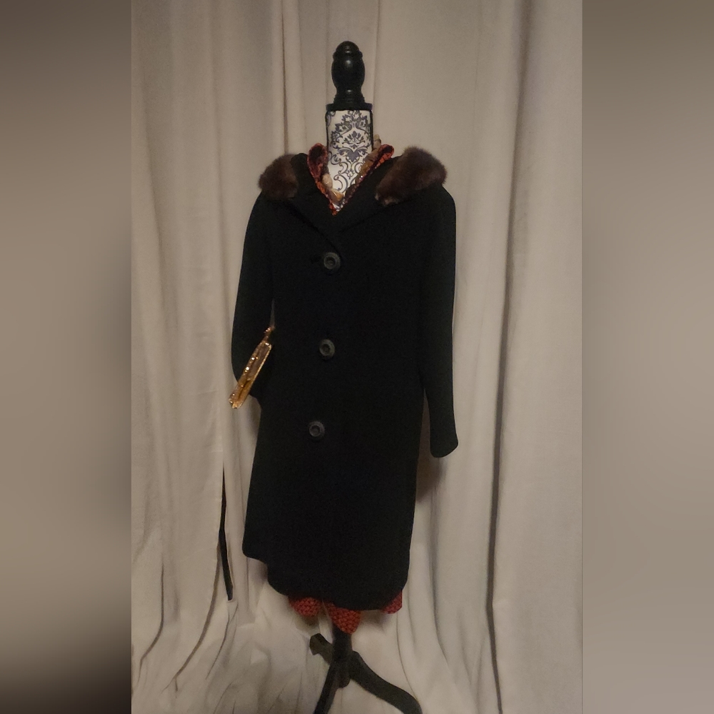 Post Winter Sale! Warm wool mid length coat with attached fur collar.